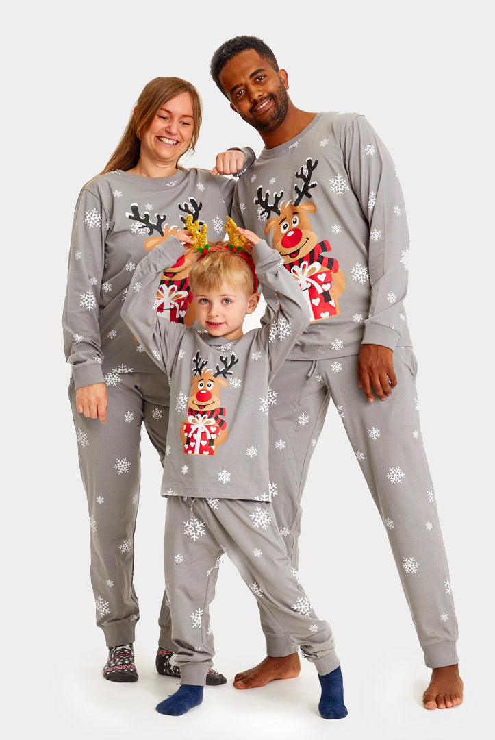 Pijama Navideña para Familia Gris Reno Rodolfo Mujer y Hombre
