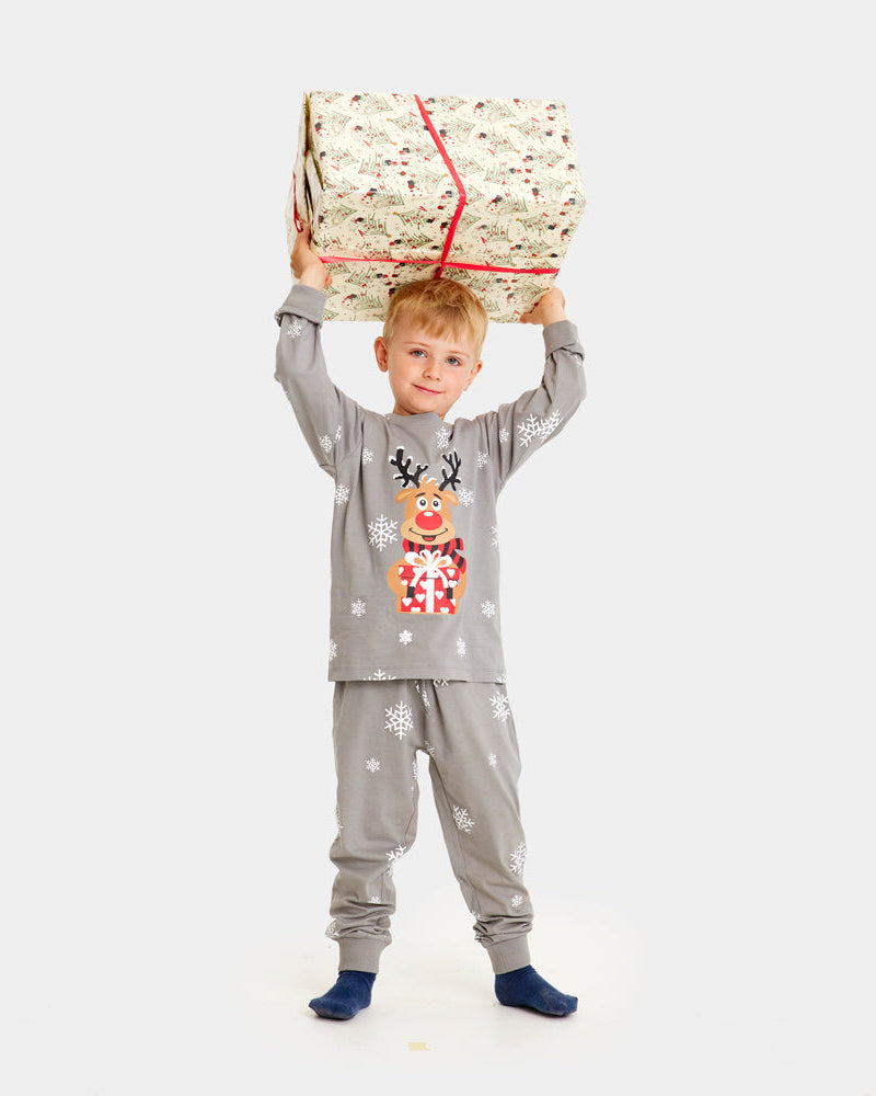 Pijama Navideña para Familia y NIño Gris Reno Rodolfo