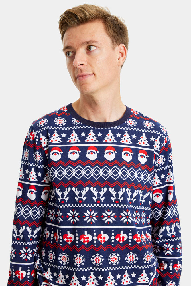 Pijama Navideña para Familia Hombre con Papá Noel, Árboles y Corazones