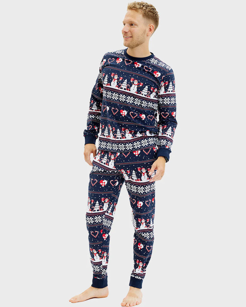 Pijama Navideña para Hombre Azul Muñecos de Nieve y Corazones
