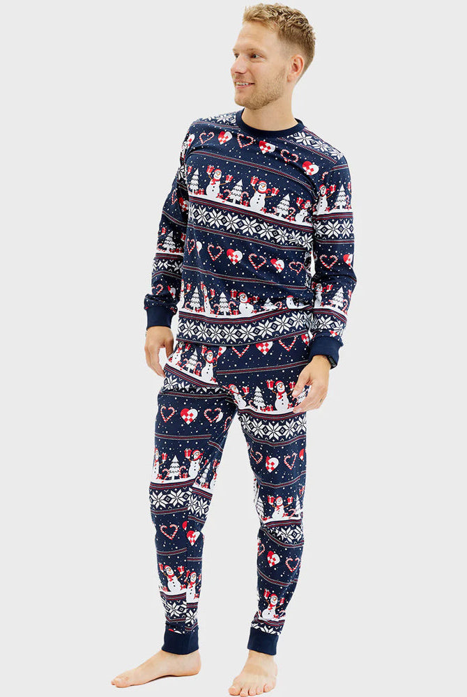 Pijama Navideña para Hombre Azul Muñecos de Nieve y Corazones