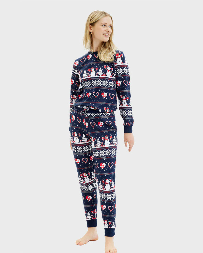 Pijama Navideña para Mujer Azul Muñecos de Nieve y Corazones