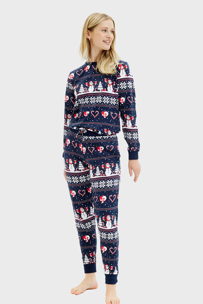 Pijama Navideña para Mujer Azul Muñecos de Nieve y Corazones