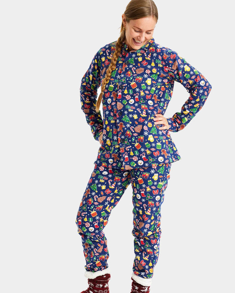 Pijama Navideña para Adultos Unisex Azul con Motivos Navideños Mujer