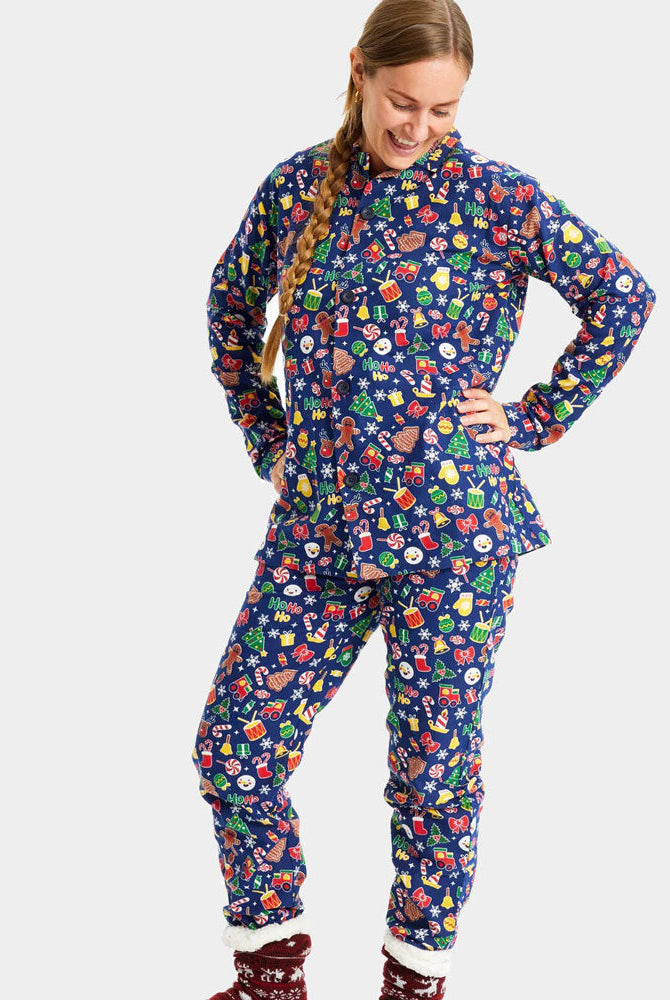 Pijama Navideña para Adultos Unisex Azul con Motivos Navideños Mujer