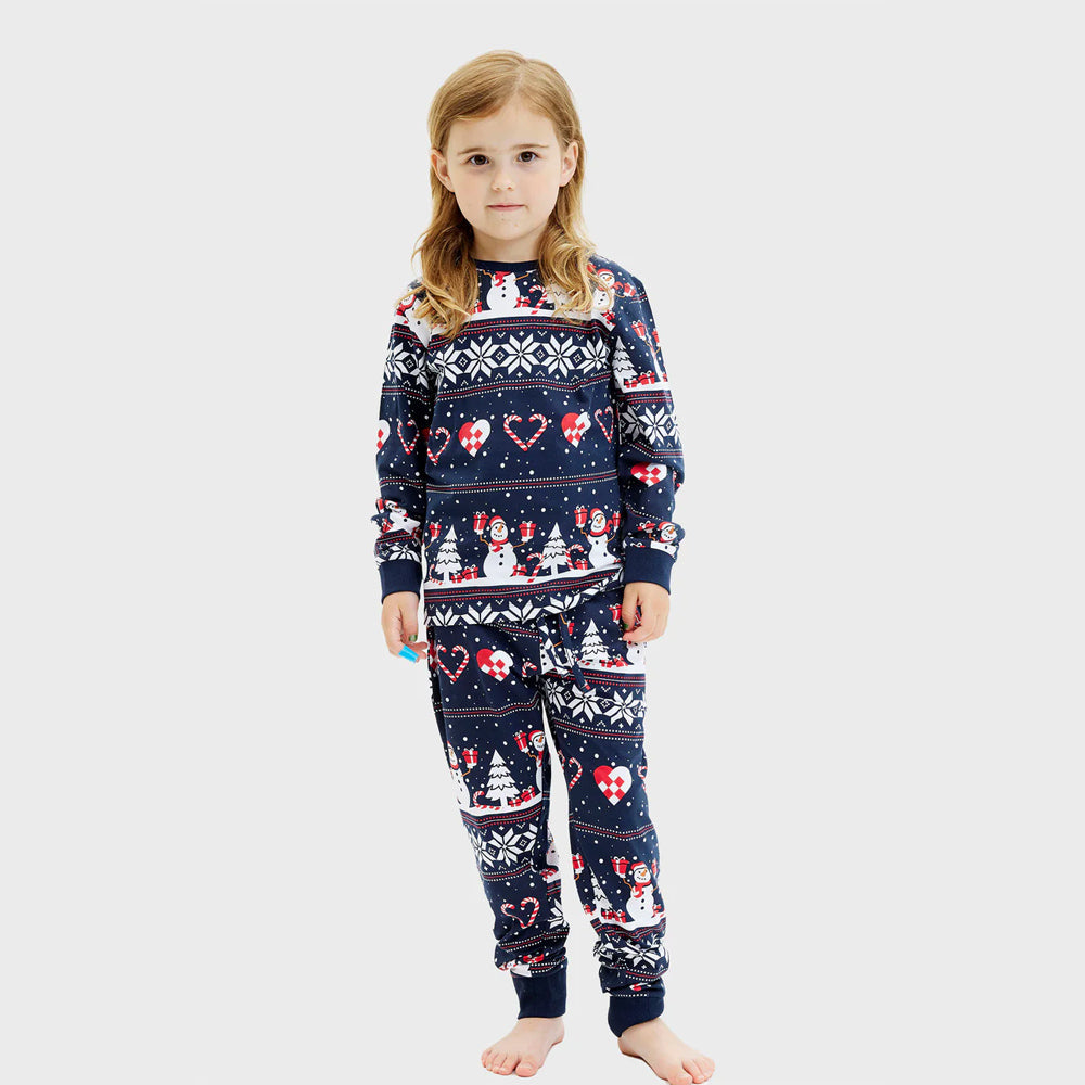 Pijama Navideña para Niña Muñecos de Nieve y Corazones Azul