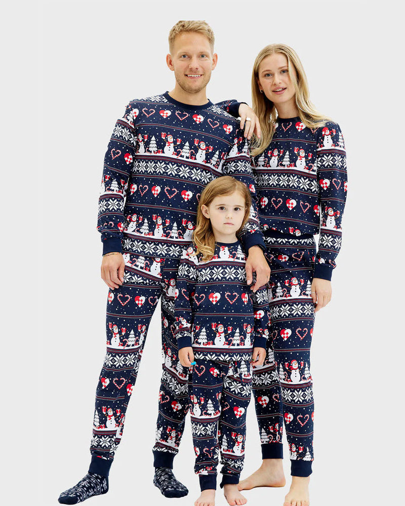 Pijama Navideña para Niña y Niño Azul Muñecos de Nieve y Corazones Familia