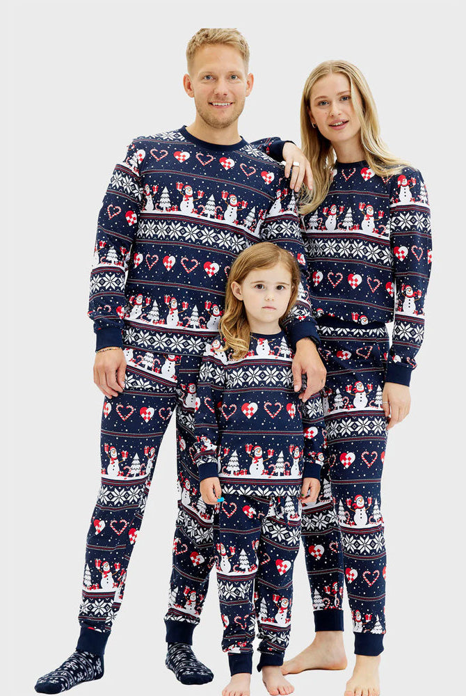 Pijama Navideña para Niña y Niño Azul Muñecos de Nieve y Corazones Familia