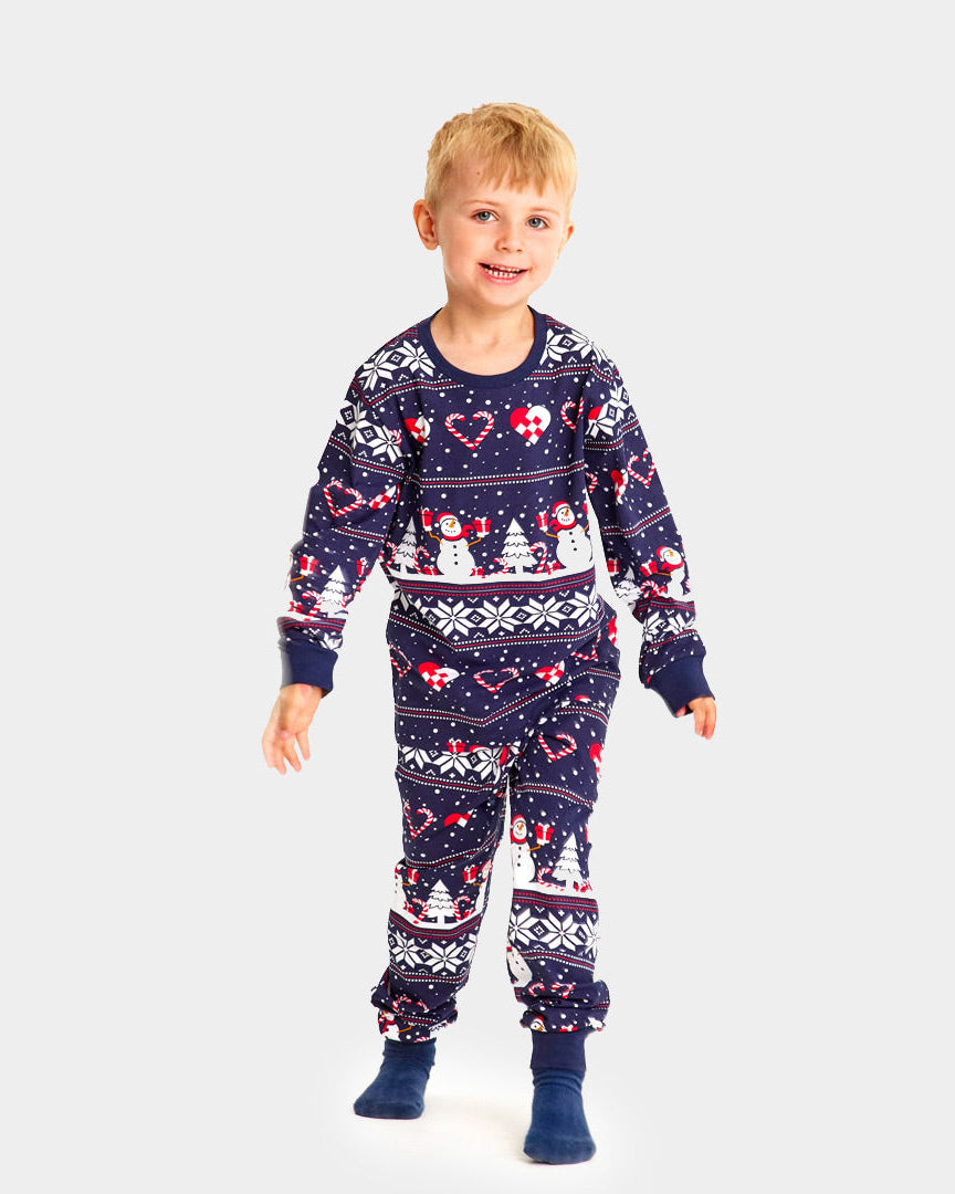 Pijama Navideña para Familia Azul con Muñecos de Nieve y Corazones niño
