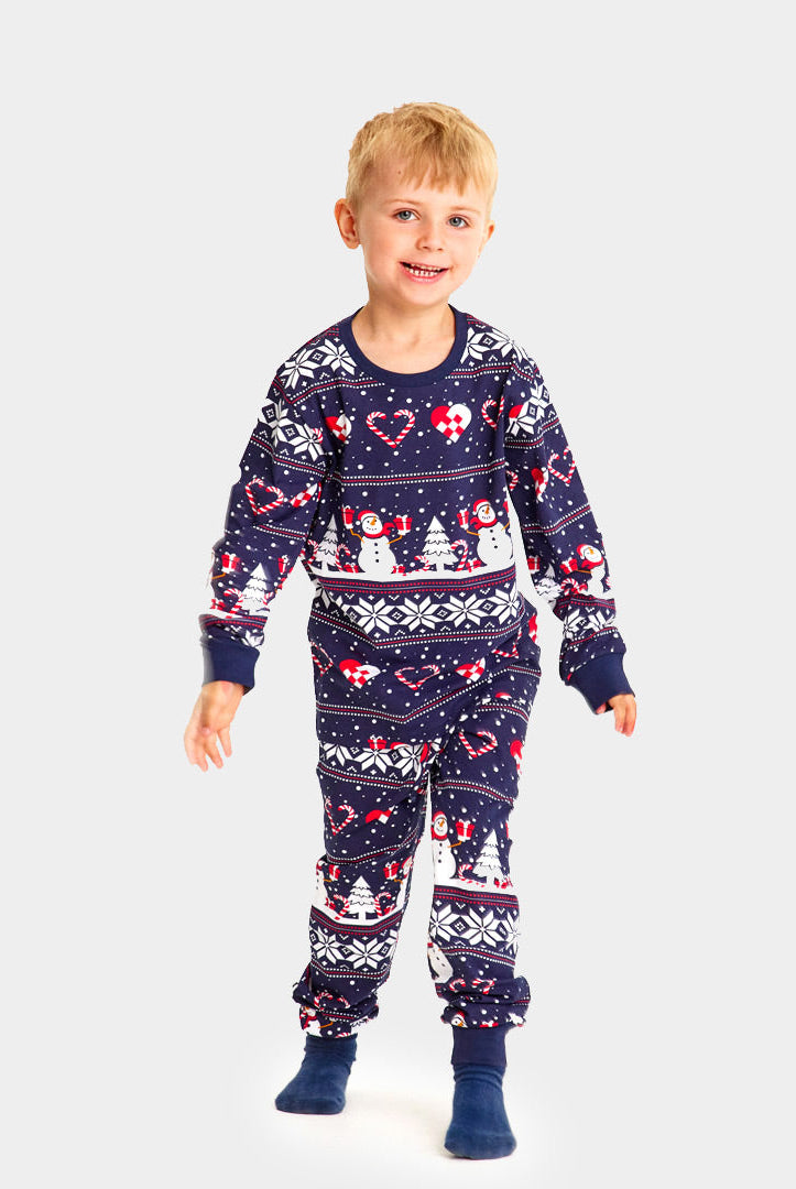 Pijama Navideña para Niños Azul con Muñecos de Nieve y Corazones