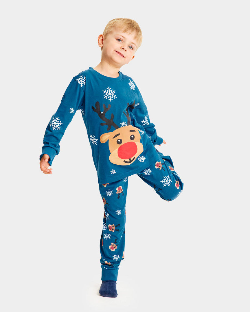 Pijama Navideña para Familia Azul con Reno Rudolph niño