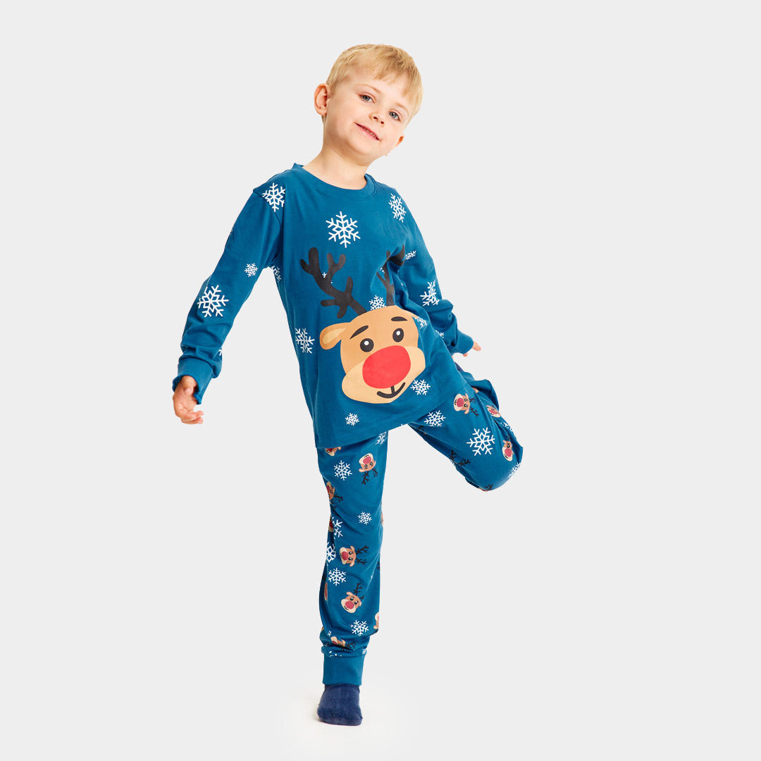 Pijama Navideña para Familia Azul con Reno Rudolph niño