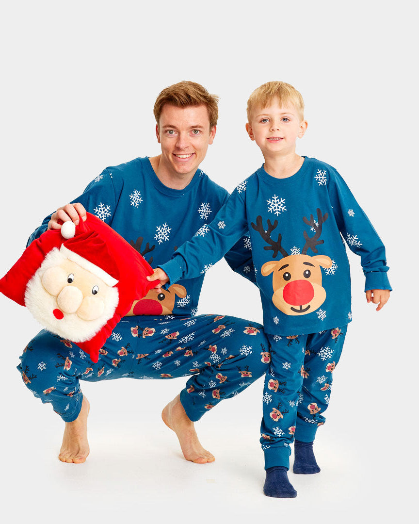 Pijama Navideña para Familia Azul con Reno Rudolph