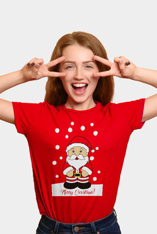 Playera Navideña para Familia Roja con Papá Noel mujer