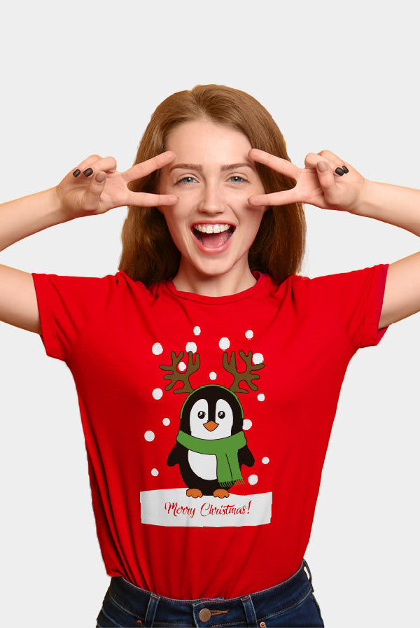 Playera Navideña para Familia Roja con Pingüino mujer