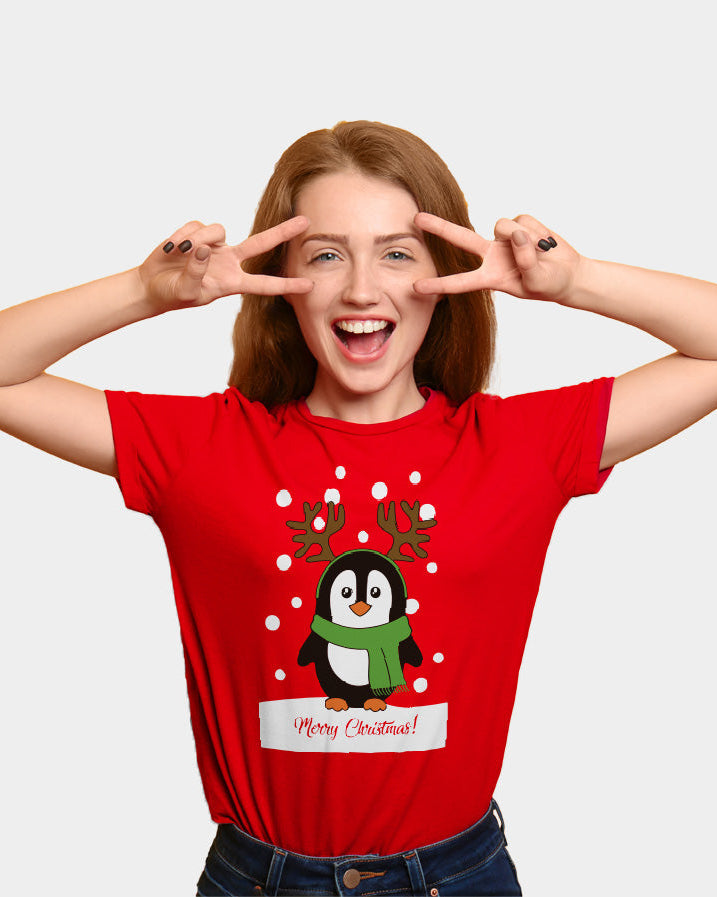 Playera Navideña para Familia Roja con Pingüino mujer