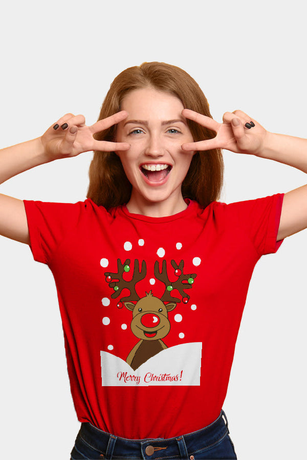 Playera Navideña para Familia Roja Reno Rudolph mujer