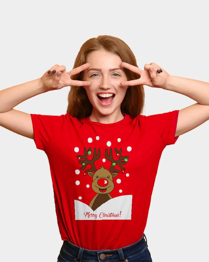Playera Navideña para Familia Roja Reno Rudolph mujer