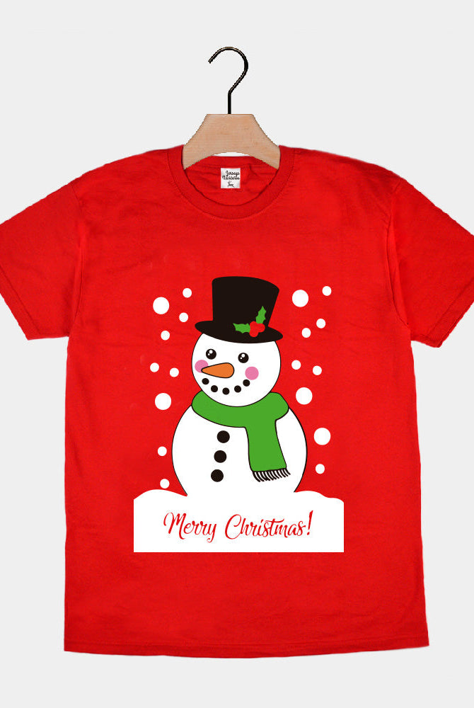 Playera Navideña para Familia Roja con Muñeco de Nieve