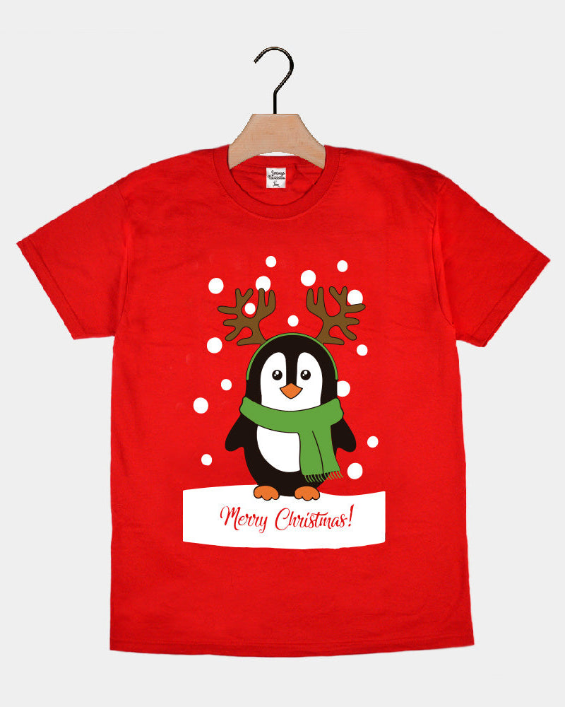 Playera Navideña para Familia Roja con Pingüino