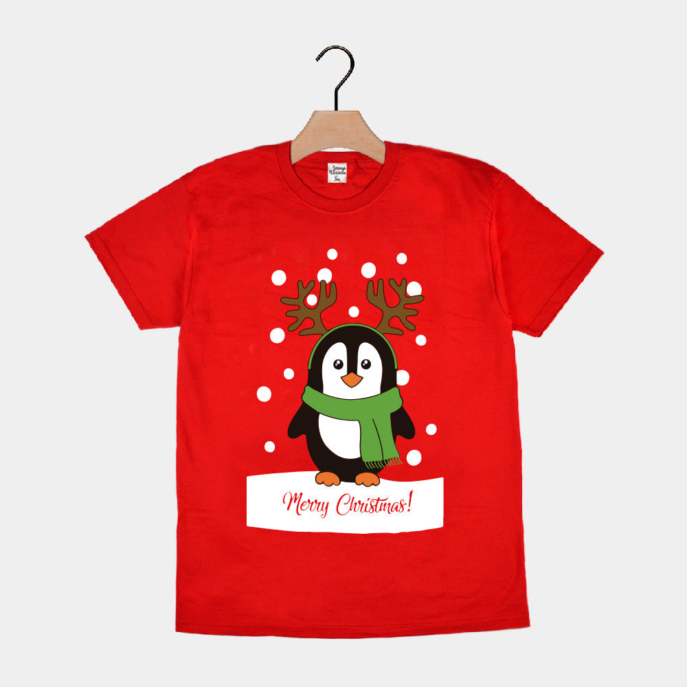 Playera Navideña para Familia Roja con Pingüino