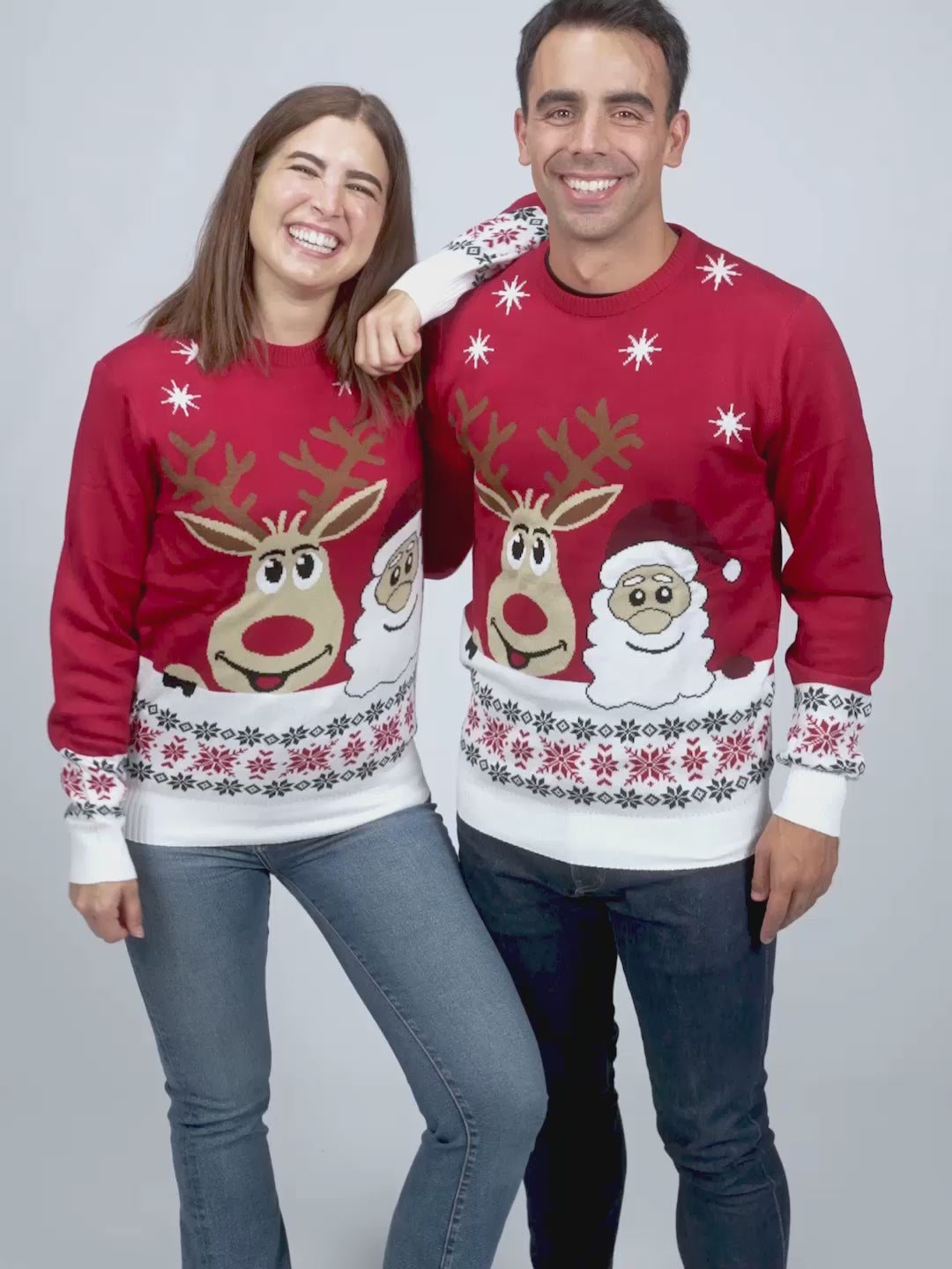 Suéter de Navidad para Mujer y Hombre 
Santa y Rudolph Sonrientes
