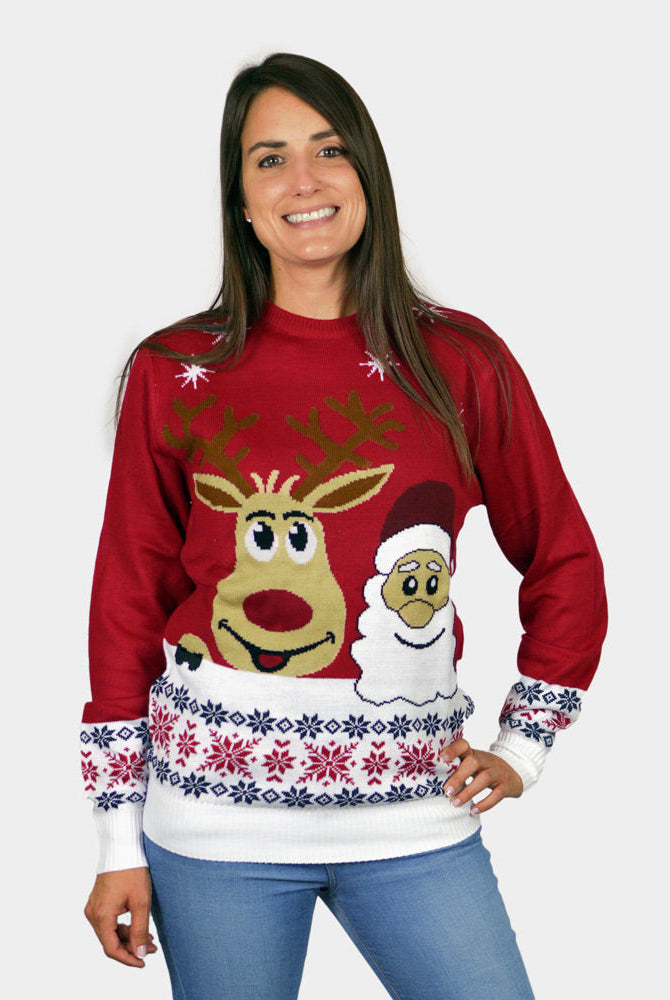 Suéter Navideño Santa y Rudolph Sonrientes parejas para Mujer
