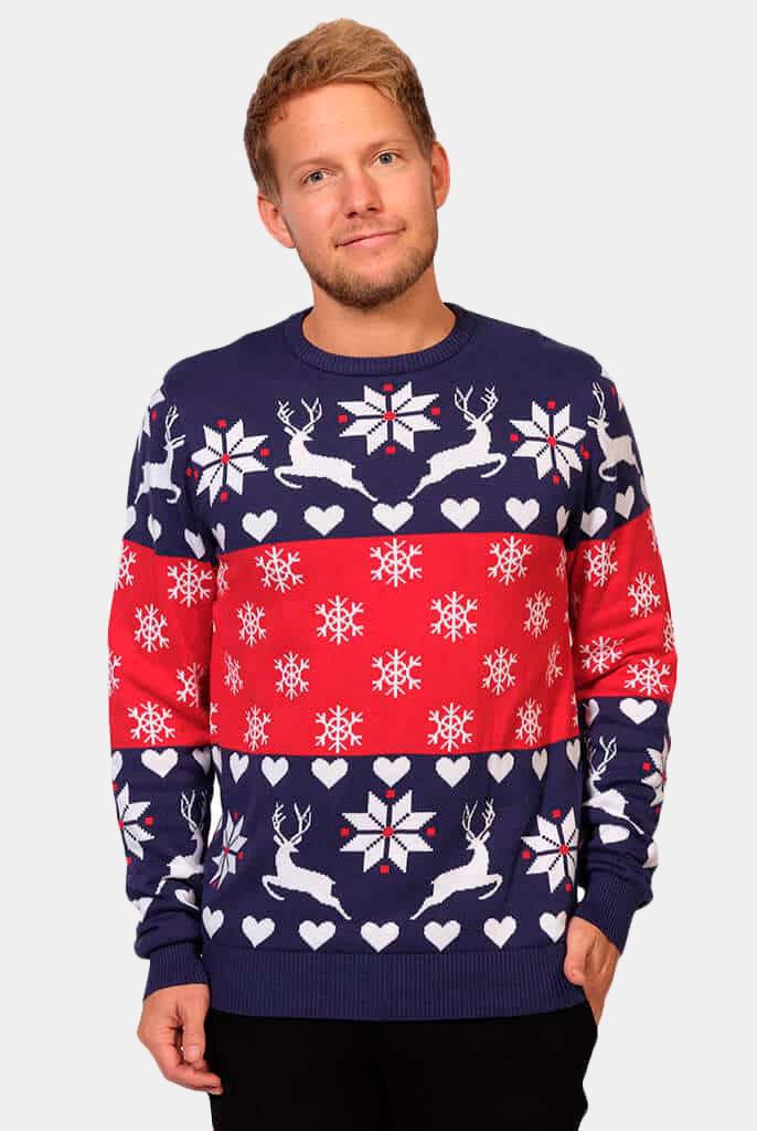 Suéter Navideño Hombre Renos y Corazones Azul y Rojo