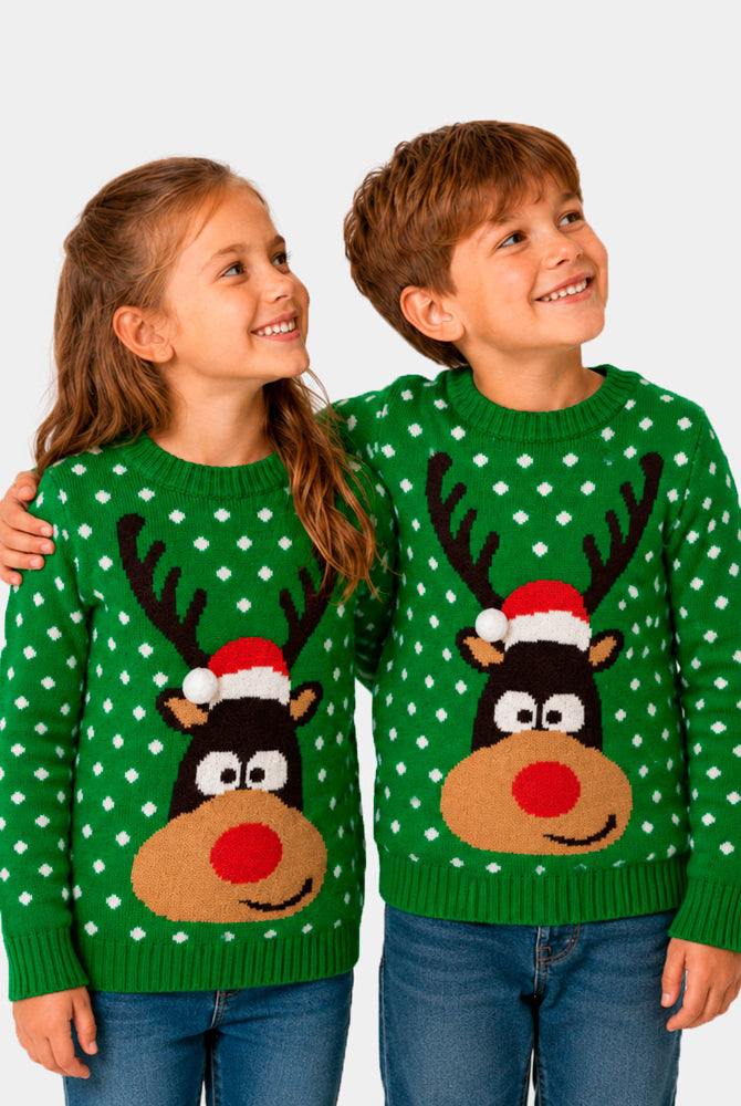 Suéter de Navidad para Niño y Niña Verde Reno con Gorro en 3D