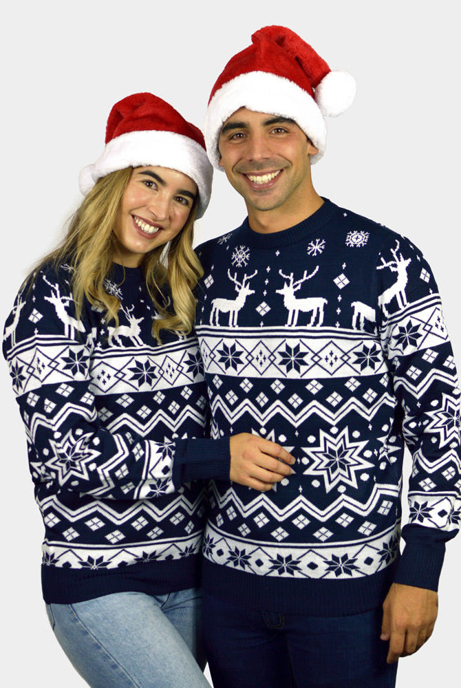 Suéter Navideño para Hombre con Renos y Estrellas Azul Nordic parejas