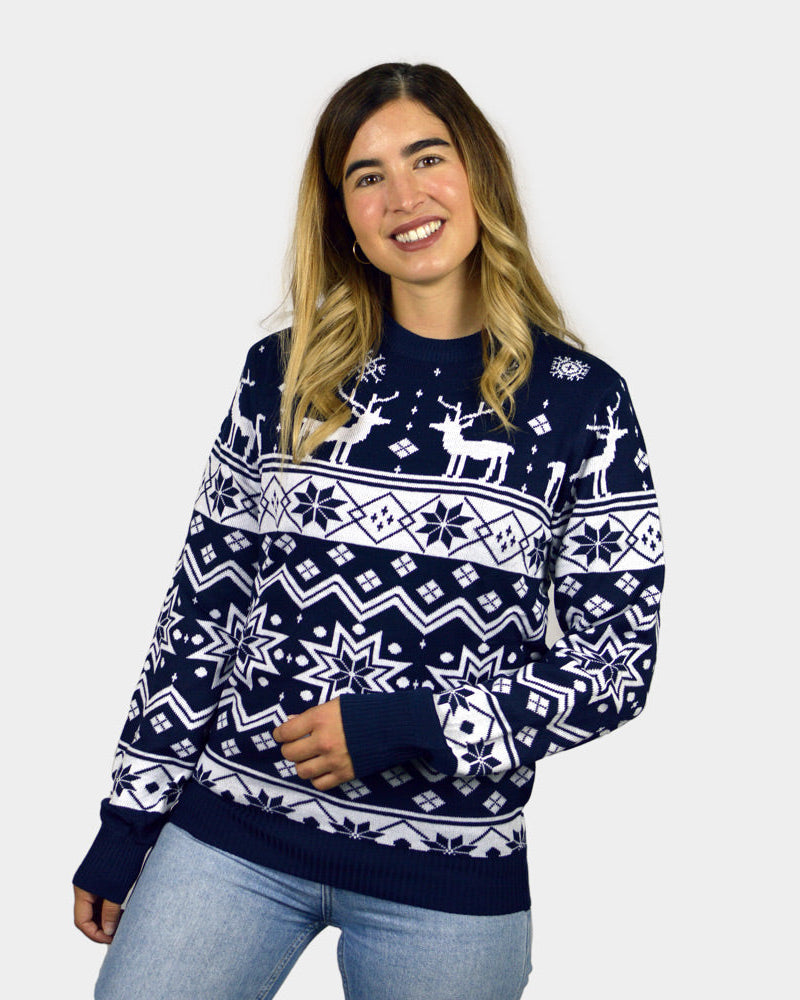 Suéter Navideño Mujer con Renos y Estrellas Azul Nordic