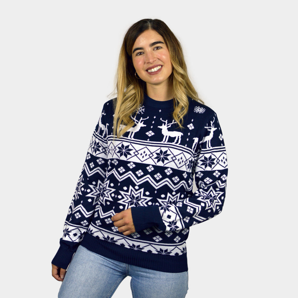 Suéter Navideño Mujer con Renos y Estrellas Azul Nordic