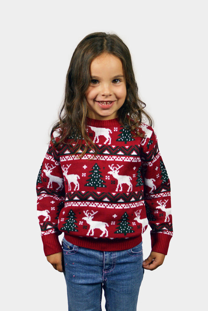 Suéter de Navidad para Familia Rojo Árboles de Navidad y Renos Niños