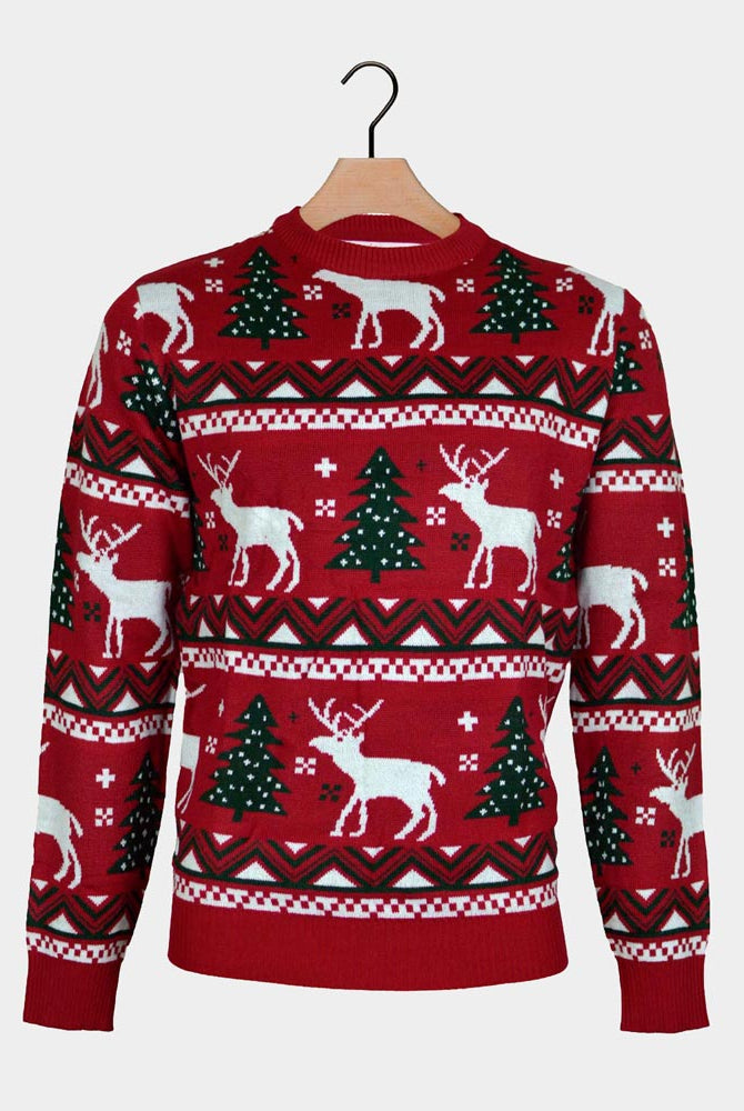 Suéter de Navidad para Hombre Rojo Árboles de Navidad y Renos