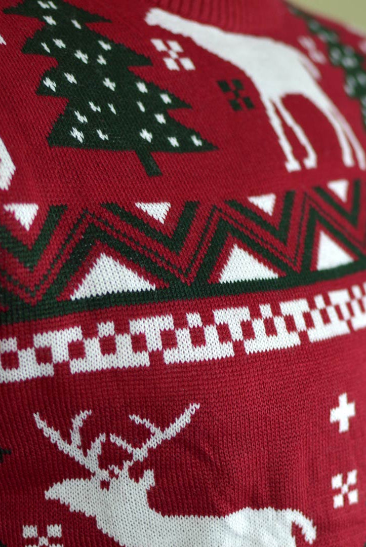Suéter de Navidad para Mujer Rojo Árboles de Navidad y Renos Detalle