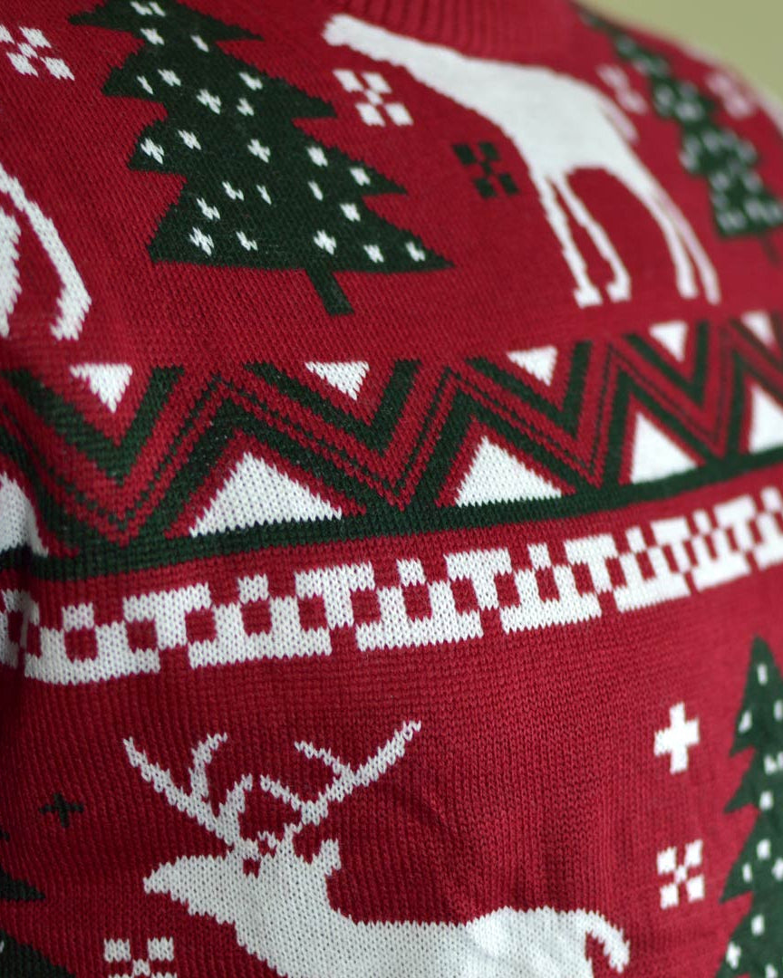 Suéter de Navidad para Niña y Niño Rojo Árboles de Navidad y Renos Detalle