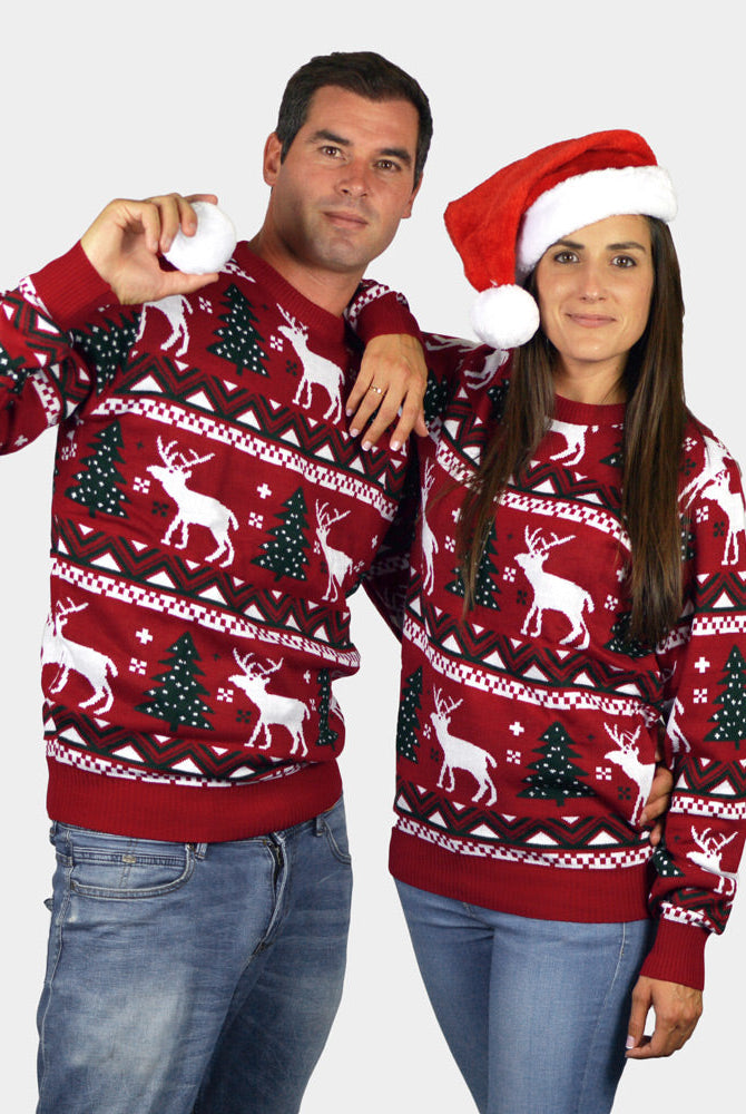 Suéter de Navidad Parejas con Árboles de Navidad y Renos Rojo
