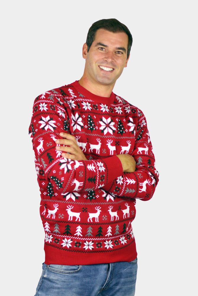 Suéter de Navidad para Hombre Rojo Renos, Árboles y Estrellas Polares