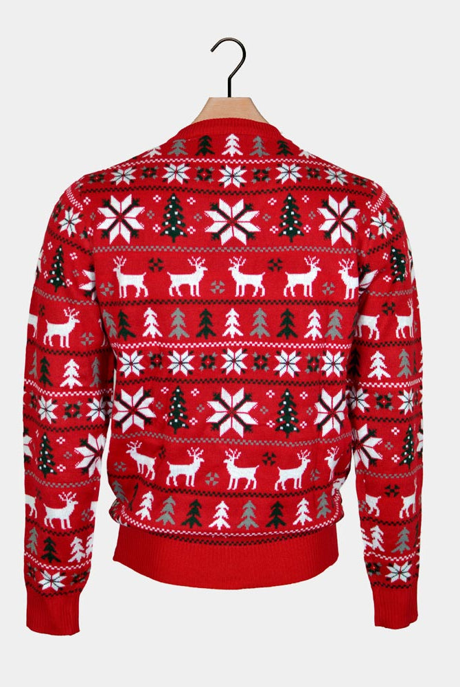 Suéter de Navidad para Mujer Rojo con Renos, Árboles y Estrellas Polares Espalda