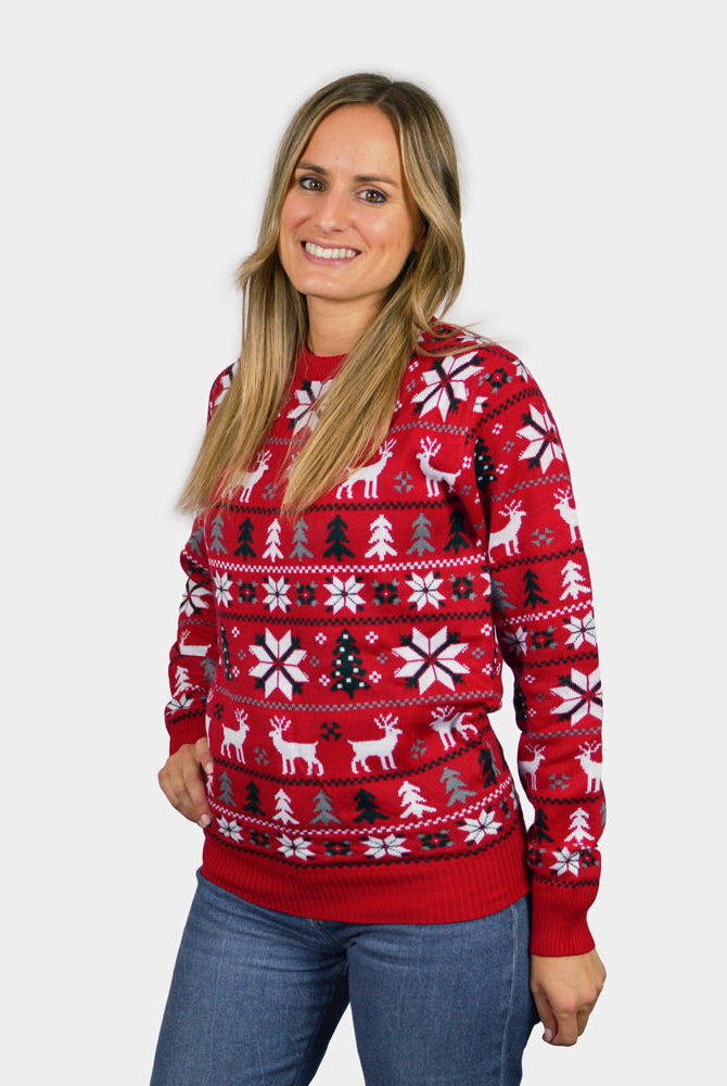 Suéter de Navidad Parejas Rojo con Renos, Árboles y Estrellas Polares Mujer