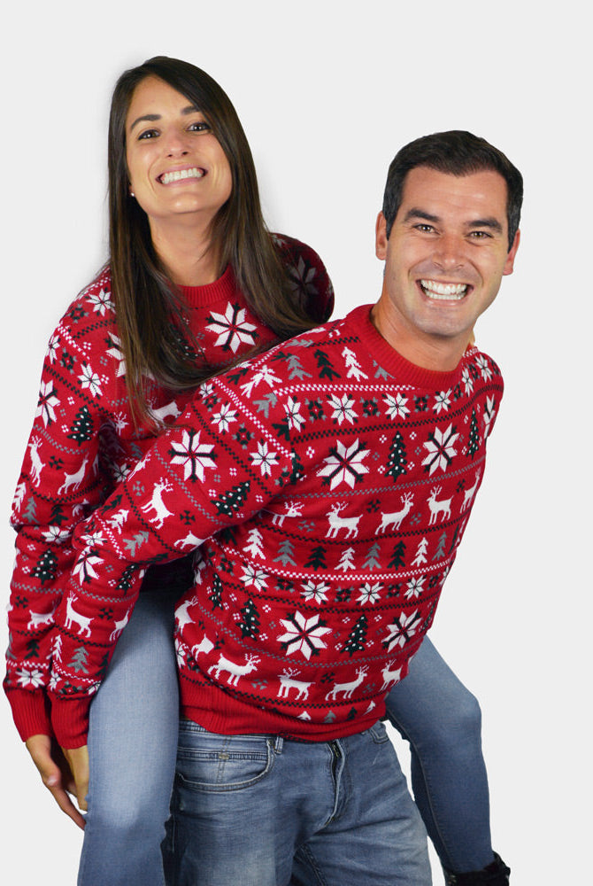 Suéter de Navidad Parejas Rojo con Renos, Árboles y Estrellas Polares