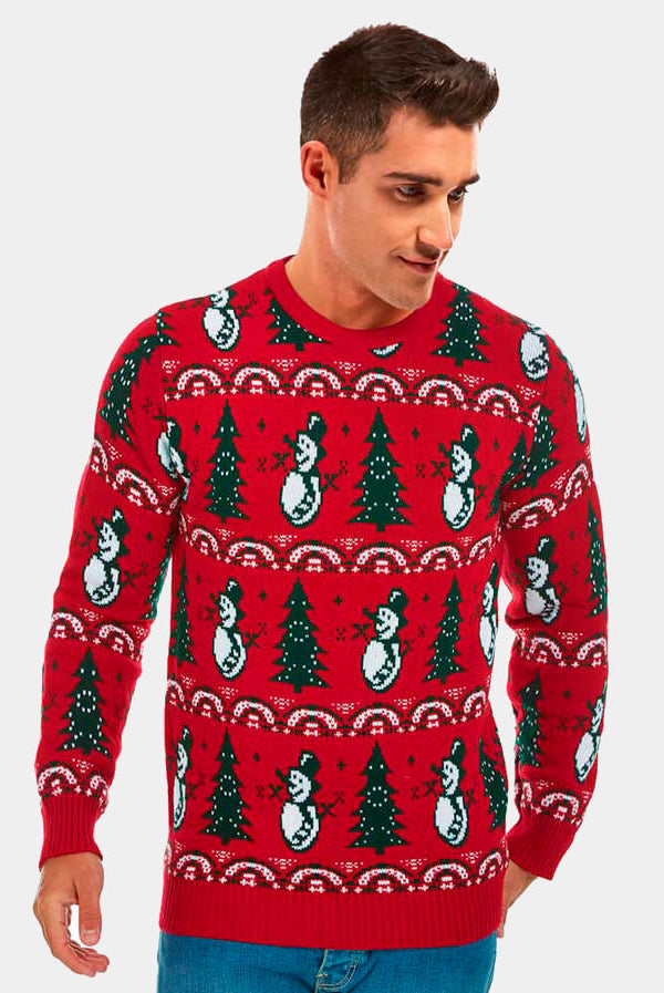 sueter Navideño Rojo con Pinos y Muñecos de Nieve hombre