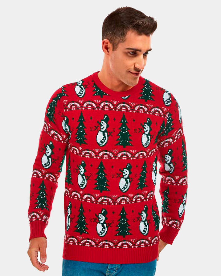 sueter Navideño Rojo con Pinos y Muñecos de Nieve hombre