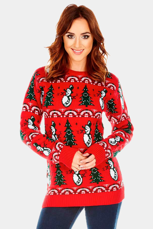 sueter Navideño Rojo con Pinos y Muñecos de Nieve mujer