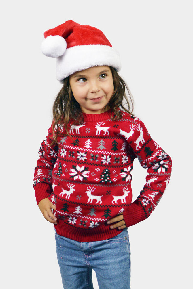 Suéter de Navidad para Niña Rojo Renos, Árboles y Estrellas Polares
