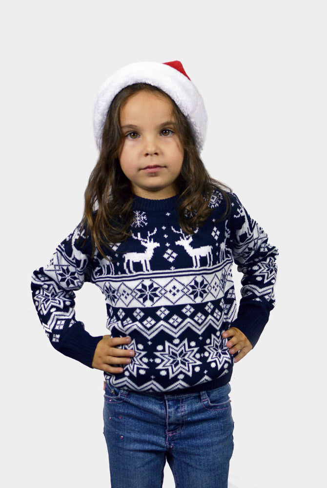 Suéter Navideño para Familia con Renos y Estrellas Azul Nordic