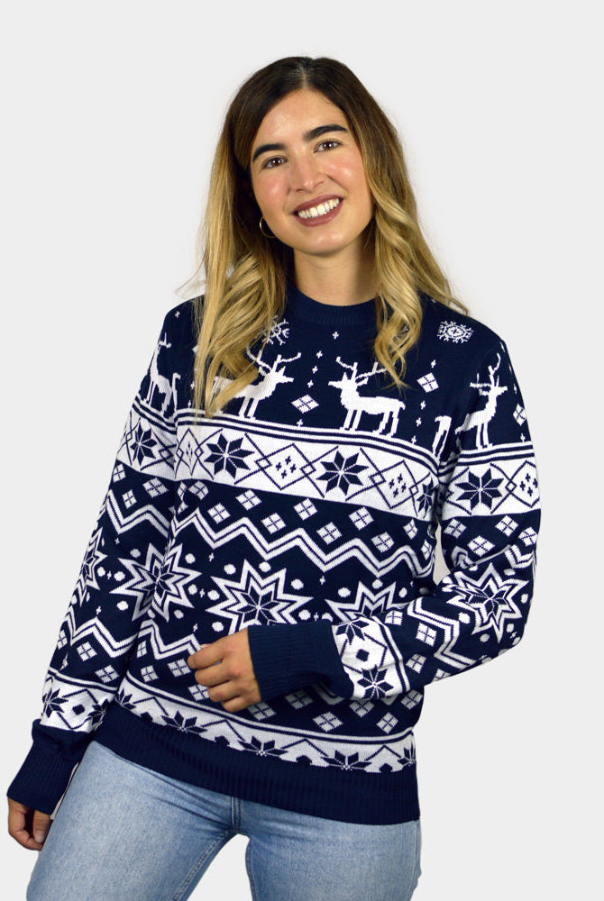 Suéter Navideño Parejas con Renos y Estrellas Azul Nordic Mujer