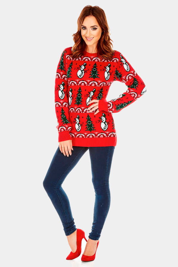 sueter Navideño mujer Rojo con Pinos y Muñecos de Nieve