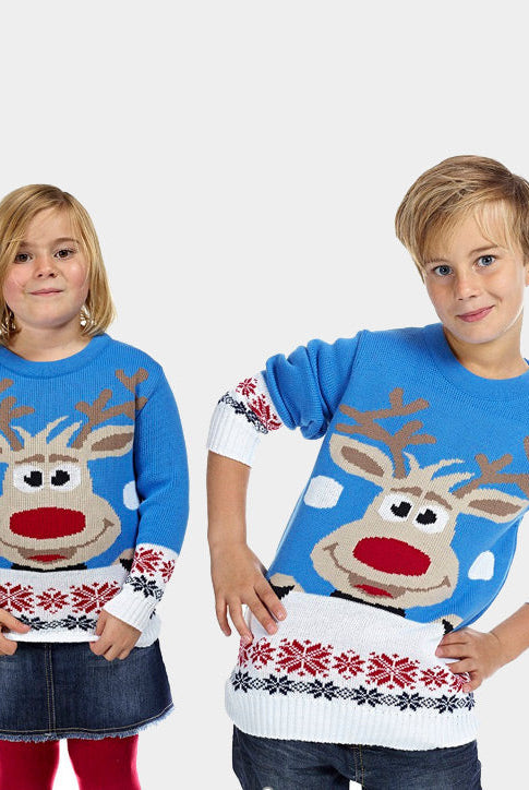 Suéter de Navidad para Niña y Niño Azul Claro con Reno y Nieve