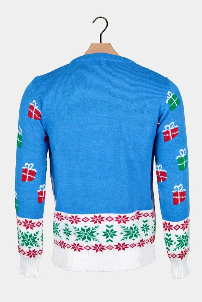 Suéter de Navidad Azul Claro Reno y Papá Noel Espalda